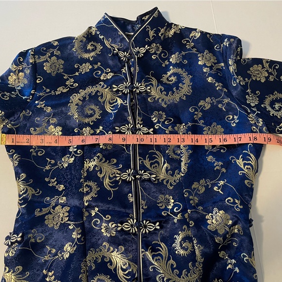 Traditional Vietnamese Silk Pant Suit Blue Gold Brocade Small - Picture 11 of 11